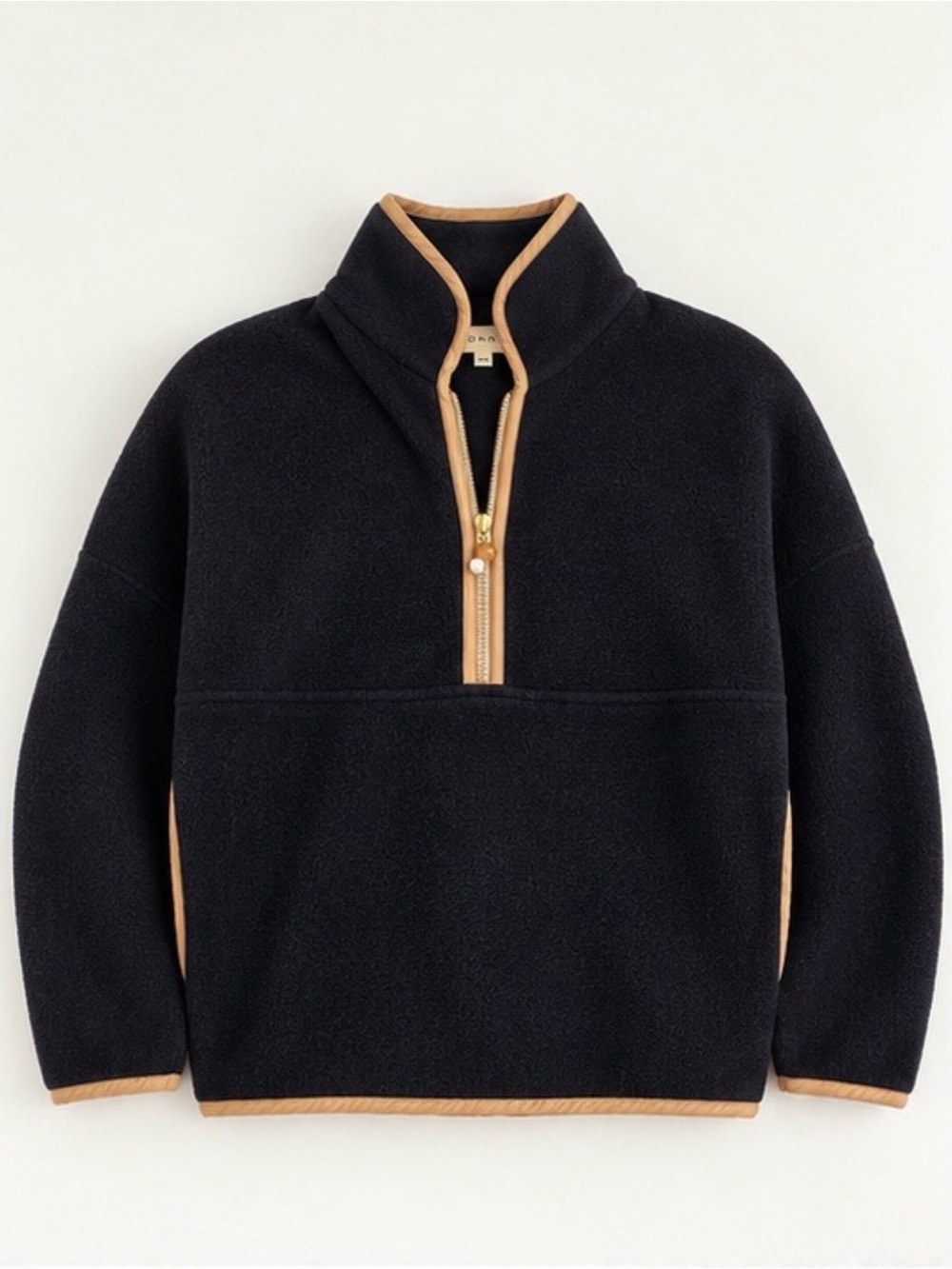 DONNI. Black Fleece Half-Zip Pullover with Tan Trim – XXS